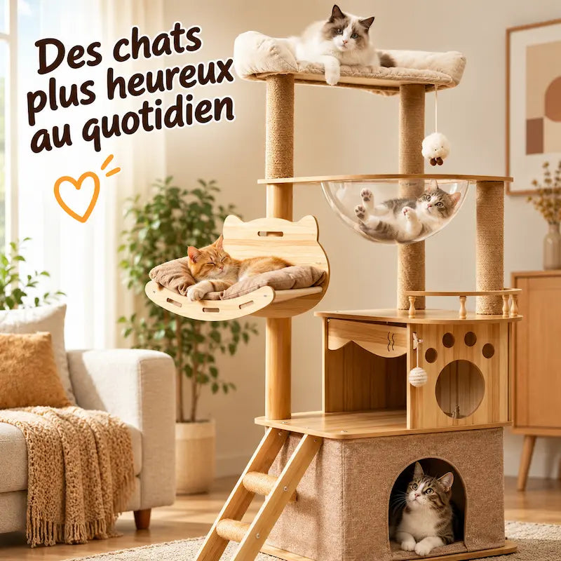 Chats sur la plateforme, le hamac bulle et dans la niche de l'arbre à chat design Nooka