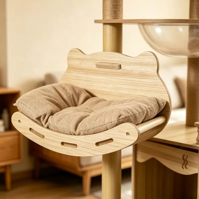 Couchage en bois en forme de tête de chat avec coussin moelleux, arbre à chat Nooka
